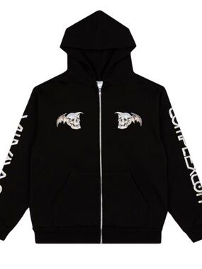Black Zip-Up Hoodie with Winged Skull Graphics